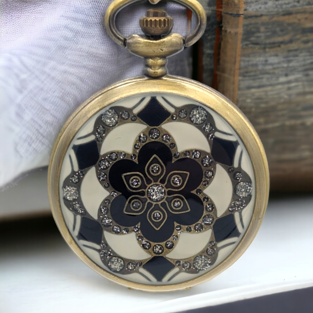 Black & White NEW Pendant Pocket Watch Enamel & Crystal Floral Flower Pattern